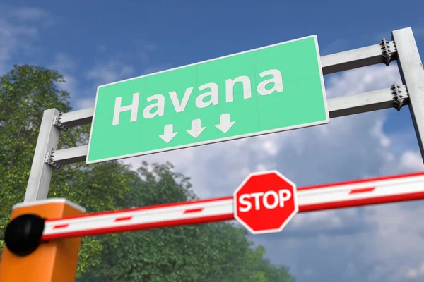 Boom gate près de La Havane, Cuba panneau routier. Coronavirus ou autre maladie quarantaine rendu 3D lié — Photo