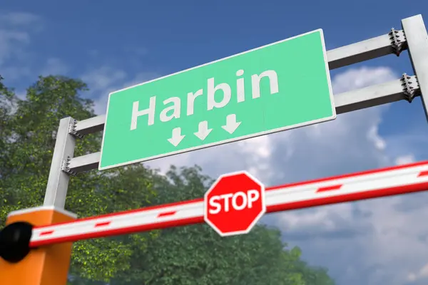 Road block near Harbin, China road sign. Coronavirus or some other disease quarantine related 3D rendering — Stock Photo, Image