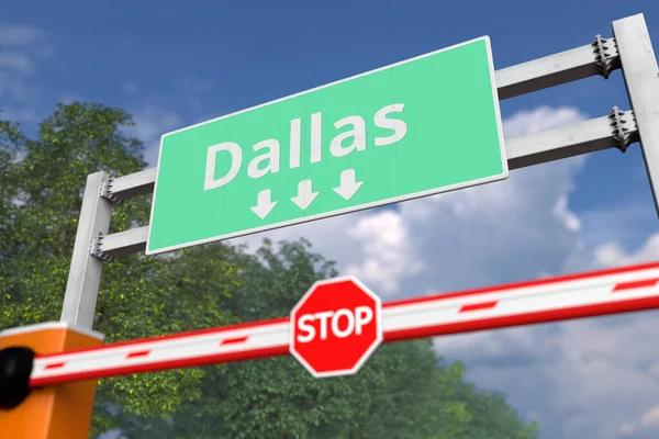 Bloqueo de carreteras cerca de Dallas, Estados Unidos señal de tráfico. Coronavirus o alguna otra enfermedad relacionada con la cuarentena 3D — Foto de Stock