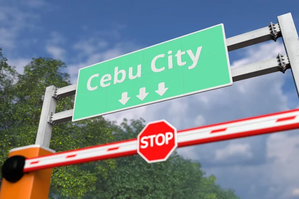 Gesloten slagboom met stopbord in Cebu City, Filippijnen. Coronavirus of een andere ziekte quarantaine gerelateerde 3d rendering — Stockfoto