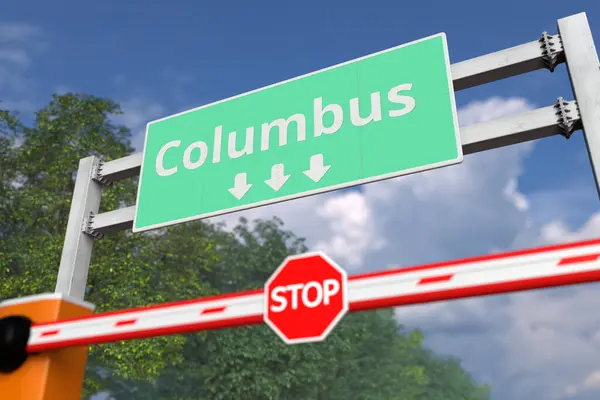 Cierre de carretera cerca de Columbus, Estados Unidos señal de tráfico. Coronavirus o alguna otra enfermedad relacionada con la cuarentena 3D — Foto de Stock