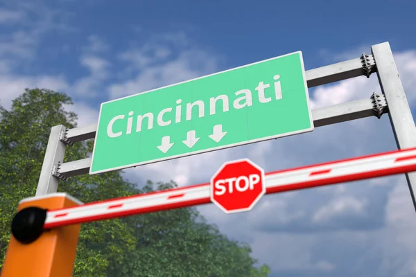 Barrera cerrada con señal STOP en Cincinnati, Estados Unidos. Coronavirus o alguna otra enfermedad relacionada con la cuarentena 3D — Foto de Stock