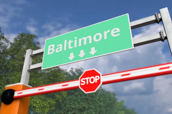 Barrera cerrada con señal STOP en Baltimore, Estados Unidos. Coronavirus o alguna otra enfermedad relacionada con la cuarentena 3D — Foto de Stock