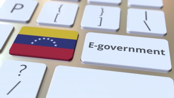 E-gobierno o Gobierno Electrónico texto y bandera de Venezuela en el teclado. Animación 3D conceptual relacionada con los servicios públicos modernos — Vídeos de Stock