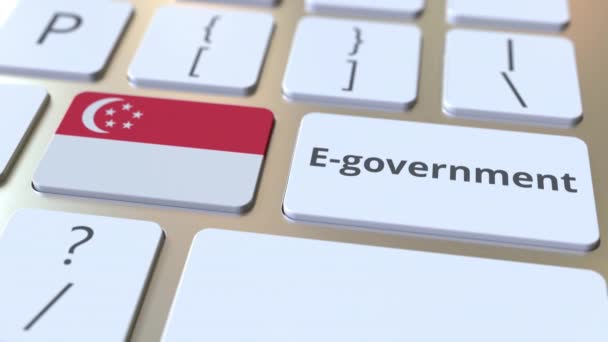 E-government ή Electronic Government κείμενο και σημαία Σιγκαπούρης στο πληκτρολόγιο. Σύγχρονες δημόσιες υπηρεσίες σχετικές εννοιολογικές 3d κινούμενα σχέδια — Αρχείο Βίντεο
