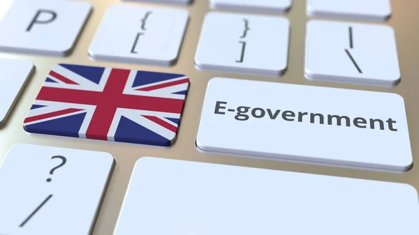 Text elektronické veřejné správy nebo elektronické veřejné správy a vlajka Velké Británie na klávesnici. Moderní veřejné služby související konceptuální 3D vykreslování — Stock fotografie