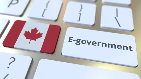键盘上的电子政务或电子政务文本和加拿大国旗。与现代公共服务有关的概念d — 图库照片