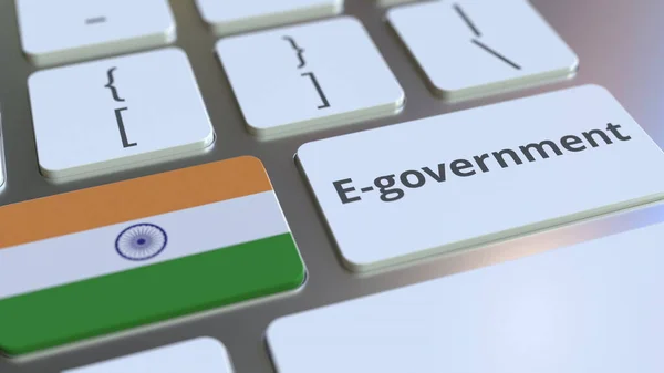 E-Government oder Electronic Government Text und Flagge Indiens auf der Tastatur. Moderne konzeptionelle 3D-Darstellung öffentlicher Dienstleistungen — Stockfoto
