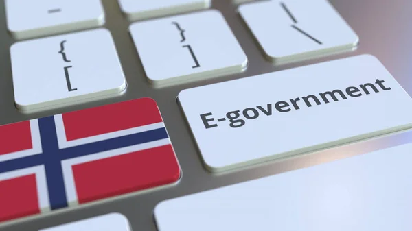 E-förvaltning eller elektronisk myndighetstext och Norges flagga på tangentbordet. Modern konceptbaserad 3d-konvertering för offentliga tjänster — Stockfoto