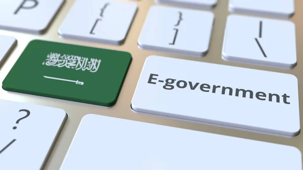 Texto e bandeira do governo eletrônico ou eletrônico da Arábia Saudita no teclado. Serviços públicos modernos relacionados com renderização 3D conceitual — Fotografia de Stock