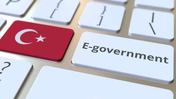 E-governo ou Governo Eletrônico texto e bandeira da Turquia no teclado. Serviços públicos modernos relacionados com renderização 3D conceitual — Fotografia de Stock