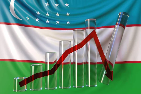 Sloupcový graf s klesajícím trendem proti vlajce Uzbekistánu. Finanční krize nebo ekonomické zhroucení související konceptuální 3d vykreslování — Stock fotografie