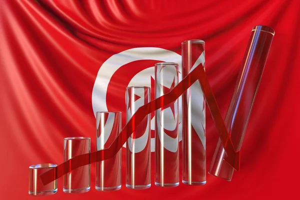 Gráfico de barras con tendencia a la baja contra la bandera de Túnez. Crisis financiera o colapso económico relacionado con la representación conceptual 3D —  Fotos de Stock