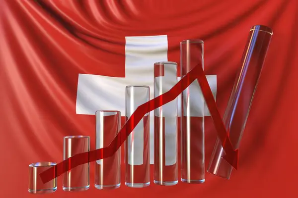 Skleněná tabule s klesajícím trendem proti vlajce Švýcarska. Finanční krize nebo ekonomické zhroucení související konceptuální 3d vykreslování — Stock fotografie