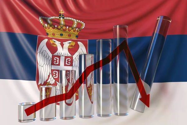 Бар-діаграма з тенденцією вниз проти прапора Сербії. Фінансова криза або економічне скорочення пов'язане концептуальне 3d рендеринга — стокове фото