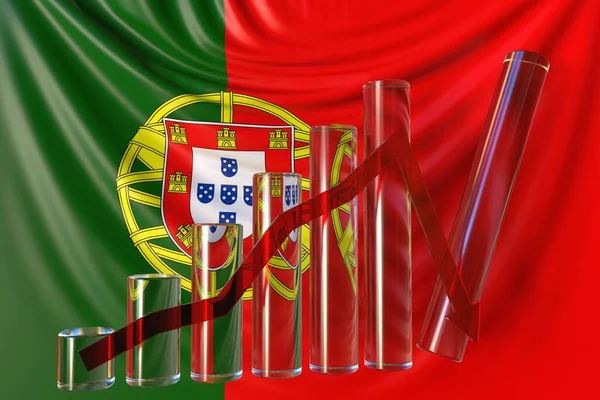 Glasbalkendiagramm mit Abwärtstrend gegen Flagge Portugals. Finanzkrise oder wirtschaftliche Kernschmelze im Zusammenhang mit konzeptioneller 3D-Darstellung — Stockfoto