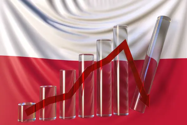 Glass bar chart with downward trend against flag of Poland. Financial crisis or economic meltdown related conceptual 3D rendering — Stock fotografie