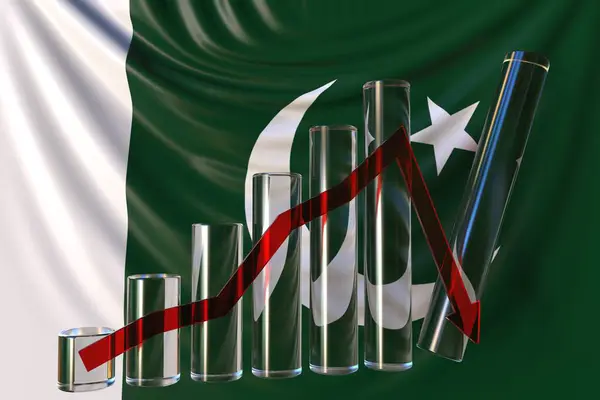 Glass bar chart with downward trend against flag of Pakistan. Financial crisis or economic meltdown related conceptual 3D rendering — Stock Photo, Image