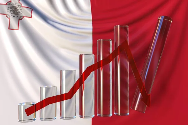 Skleněná tabule s klesajícím trendem proti vlajce Malty. Finanční krize nebo ekonomické zhroucení související konceptuální 3d vykreslování — Stock fotografie