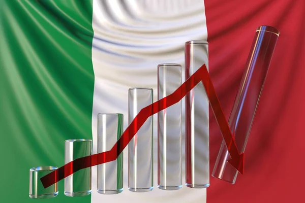 Gráfico de barras de vidro com tendência para baixo contra a bandeira da Itália. Crise financeira ou derretimento econômico relacionado renderização 3D conceitual — Fotografia de Stock