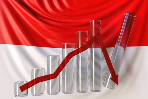 Skleněná tabule s klesajícím trendem proti indonéské vlajce. Finanční krize nebo ekonomické zhroucení související konceptuální 3d vykreslování — Stock fotografie