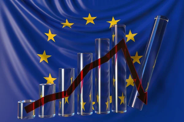 Glasbalkendiagramm mit Abwärtstrend gegen Flagge der Europäischen Union. Finanzkrise oder wirtschaftliche Kernschmelze im Zusammenhang mit konzeptioneller 3D-Darstellung — Stockfoto