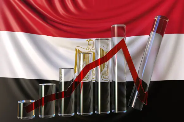 Γυάλινο γράφημα μπαρ με πτωτική τάση κατά σημαία της Αιγύπτου. Χρηματοπιστωτική κρίση ή οικονομική κατάρρευση που σχετίζονται με εννοιολογική 3d απόδοση — Φωτογραφία Αρχείου