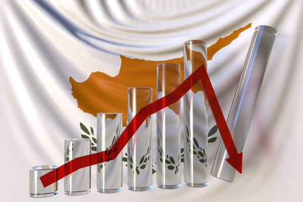 Skleněný pruhový graf s klesajícím trendem proti vlajce Kypru. Finanční krize nebo ekonomické zhroucení související konceptuální 3d vykreslování — Stock fotografie