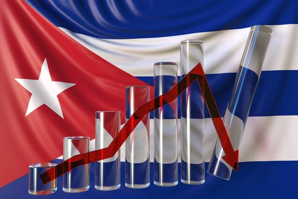 Diagramme à barres de verre avec tendance à la baisse contre le drapeau de Cuba. Crise financière ou crise économique liée au rendu 3D conceptuel — Photo