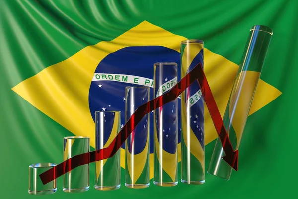 Gráfico de barras de vidro com tendência para baixo contra a bandeira do Brasil. Crise financeira ou derretimento econômico relacionado renderização 3D conceitual — Fotografia de Stock