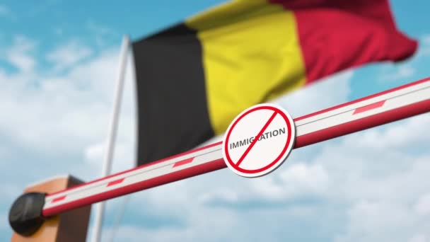 Poarta de barieră fără semn de imigrare este deschisă cu steagul Belgiei ca fundal. Aprobarea imigrației belgiene — Videoclip de stoc