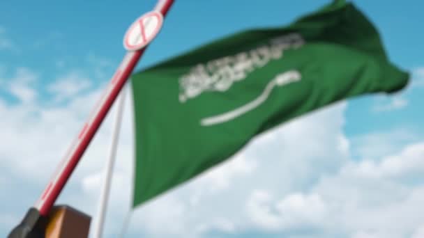 Closed boom gate with STOP CORONAVIRUS sign on the Saudi Arabian flag background. Quarantine in Saudi Arabia — Stock Video