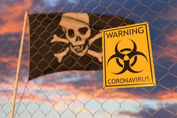 Coronavirus biohazard sign against black skull and crossbones flag. Restricted border crossing or quarantine related conceptual 3D rendering — Stock Photo, Image