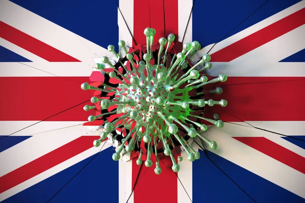 Virus bryter väggen med Förenade kungarikets flagga. Utbrottsrelaterad konceptuell 3d-återgivning av coronavirus — Stockfoto