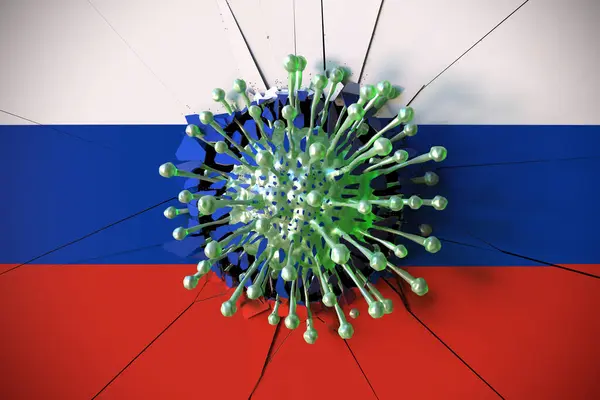 Virus breaks wall with flag of Russia. Coronavirus outbreak related conceptual 3D rendering — стокове фото