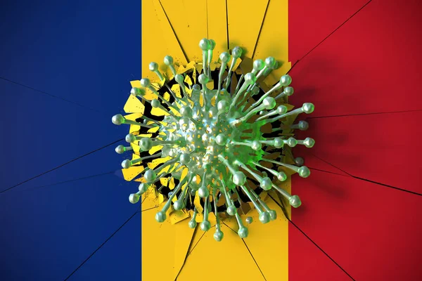 Virus breaks wall with flag of Romania. Coronavirus outbreak related conceptual 3D rendering — стокове фото