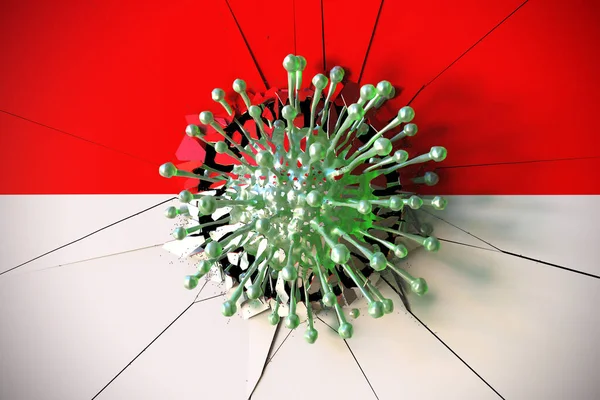 Virus prolomil zeď s indonéskou vlajkou. Koronavirus epidemie související konceptuální 3d vykreslování — Stock fotografie