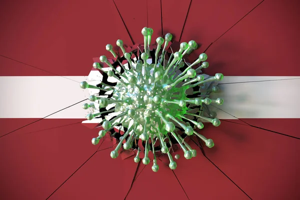 Virus plante mur avec drapeau de la Lettonie. Coronavirus pandémie rendu 3D conceptuel lié — Photo