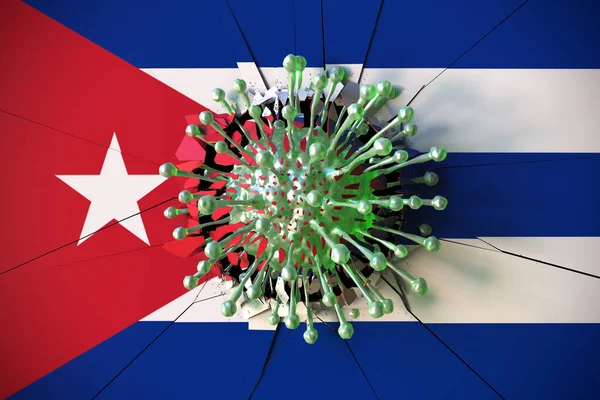 Virus brise mur avec drapeau de Cuba. Éclosion de coronavirus rendu 3D conceptuel lié — Photo