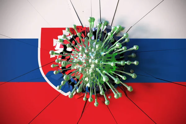 Virus crashes wall with flag of Slovakia. Coronavirus pandemic related conceptual 3D rendering — стокове фото