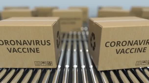 Les cartons avec CORONAVIRUS VACCINE se déplacent sur des convoyeurs à rouleaux. Animation 3D en boucle — Video