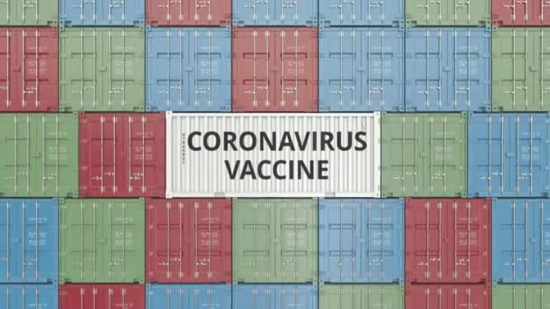 Container mit CORONAVIRUS VACCINE. 3D-Animation — Stockvideo