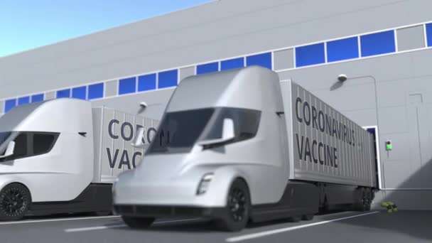 Коронавирусная вакцина загружается или выгружается из полуприцепов грузовиков на складе. Цикл 3D-анимации — стоковое видео