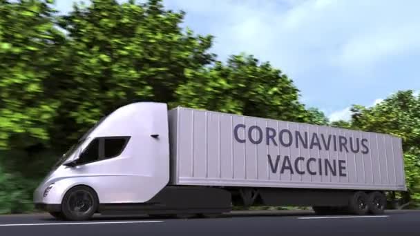 Semirremolque moderno que entrega la vacuna contra el coronavirus. Looping animación 3D — Vídeo de stock