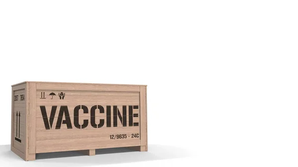 Holzkiste mit Impfstoff auf weißem Hintergrund. 3D-Darstellung — Stockfoto