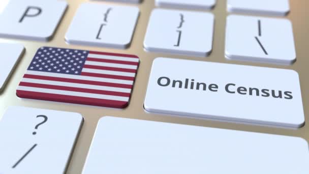 Texto del censo en línea y la bandera de los EE.UU. en el teclado. Animación 3D conceptual — Vídeos de Stock
