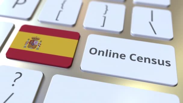 Онлайн текст переписи и флаг Испании на клавиатуре. Концептуальная 3D анимация — стоковое видео