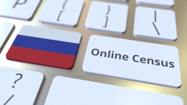 Online Volkstelling tekst en vlag van Rusland op het toetsenbord. Conceptuele 3D animatie — Stockvideo