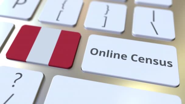 Texte du recensement en ligne et drapeau du Pérou sur le clavier. Animation 3D conceptuelle — Video