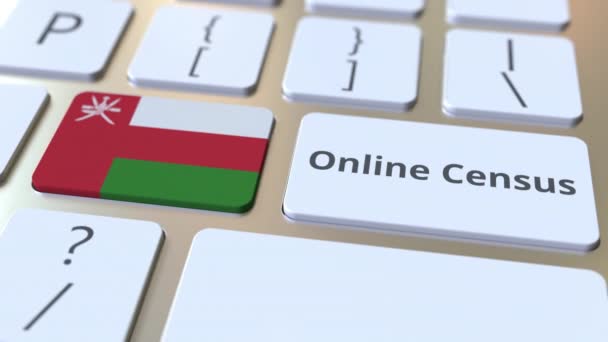 Texto del censo en línea y bandera de Omán en el teclado. Animación 3D conceptual — Vídeo de stock